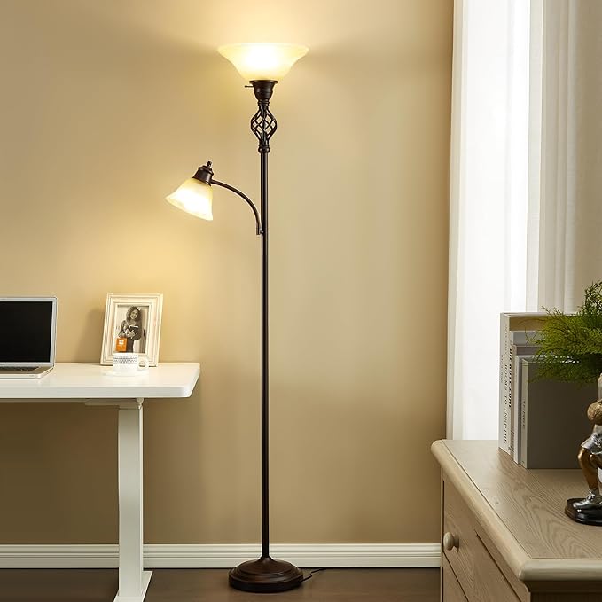 Floor Lamp, Standing Lamp with Adjustable Side Reading Light, Floor Lamps for Living Room with Glass Shade 72-Inch Torchiere Tall Lamps Decor for Bedroom Living Room Den Office (Bulb Included) - LeafyLoom