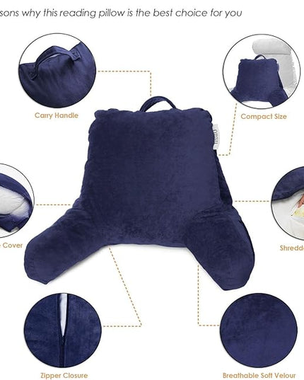 Nestl Reading Pillow with Portable Laptop Lap Desk, Velvet Feel Back Pillow for Sitting in Bed, Shredded Memory Foam Back Support Pillow for Bed, Bed Rest Pillow with Arms, Standard - Navy - LeafyLoom