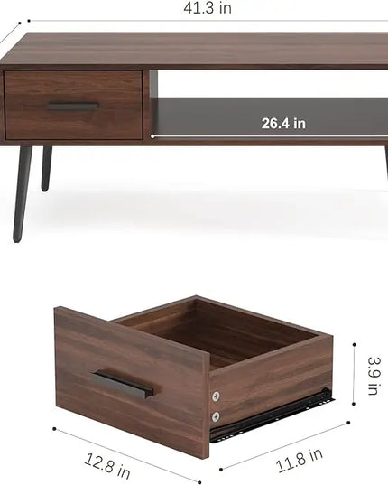 HAIOOU Coffee Table, Mid Century Modern Style Cocktail Table TV Stand with Drawer, Open Storage Shelf, Stable Floor-Anti-Scratching Pine Leg for Home, Office, Living Room - Walnut - LeafyLoom