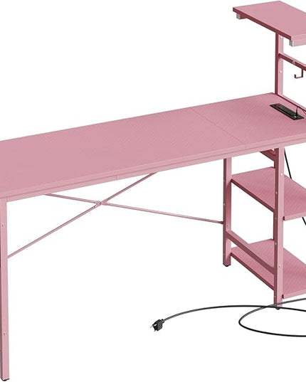 Bestier Gaming Desk with Power Outlets, 61 Inch Large Led Gamer Desk with 4 Tiers Reversible Shelves, PC Gaming Table with Headset Hook & Side Storage Bag for Bedroom (Pink 3D Carbon Fiber) - LeafyLoom