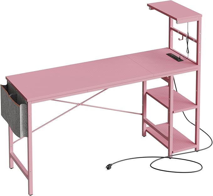 Bestier Gaming Desk with Power Outlets, 61 Inch Large Led Gamer Desk with 4 Tiers Reversible Shelves, PC Gaming Table with Headset Hook & Side Storage Bag for Bedroom (Pink 3D Carbon Fiber) - LeafyLoom