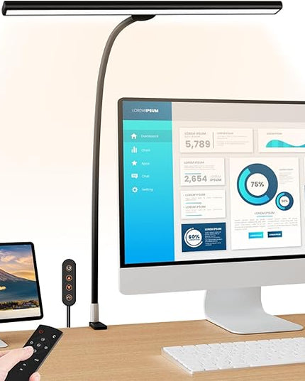 LED Desk Lamp with Clamp, Eye-Caring Architect Desk Lamps for Home Office, 24W Ultra Bright LED 30 Lighting Modes Adjustable, Studio Work Lamp for Task, with Remote Control Table Light - LeafyLoom