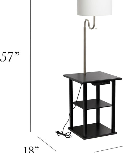 Simple Designs LF2016-BLK 57" Modern 2 Tier End Table Floor Lamp Combination with 2 x USB Charging Ports & Power Outlet with White Drum Fabric Shade for Bedroom, Living Room, Office, Black - LeafyLoom