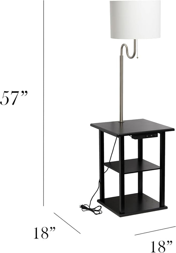 Simple Designs LF2016-BLK 57" Modern 2 Tier End Table Floor Lamp Combination with 2 x USB Charging Ports & Power Outlet with White Drum Fabric Shade for Bedroom, Living Room, Office, Black - LeafyLoom