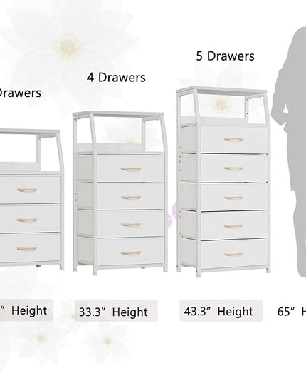 Furnulem White Dresser with 5 Drawers, Vertical Storage Tower Fabric Dresser for Bedroom, Hallway, Entryway, Nursery, Closet Organizer, Nightstand Bedside Table Furniture, Sturdy Steel Frame, Wood Top - LeafyLoom