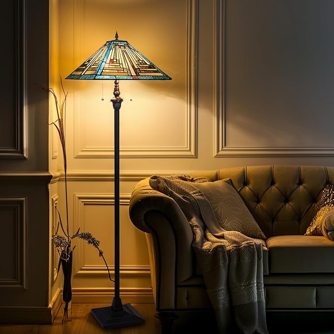 Tiffany Floor Lamp Mission Style Green Stained Glass Floor Light for Reading Antique 16" Double Light Standing Lamp for Living Room Bedroom Home Office - LeafyLoom