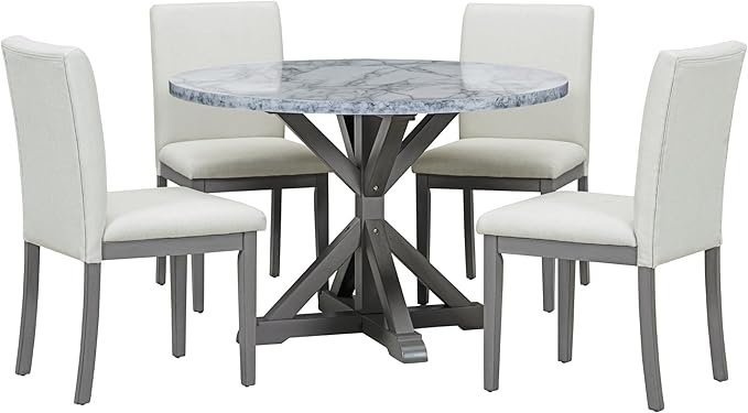 5-Piece Farmhouse Wooden Round Dining Table Set with Marble Sticker Tabletop and 4 Linen Upholstered Chairs for Dinette Room and Kitchen (47.2 inch,White+Gray), 47.2" L x 47.2" W x 30" H - LeafyLoom