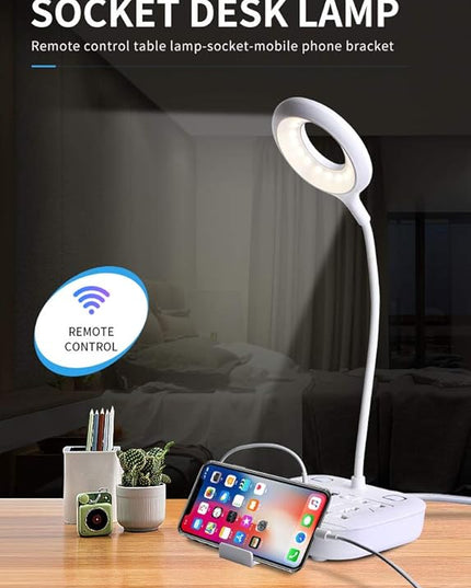 LED Desk Lamp, Adjustable Table Lamp Light with Remote Control, Eye-Caring Dimmable Office Lamp with 2 USB Charging Ports, 4 AC Power Outlets, Phone Stand, Multi Brightness Levels White - LeafyLoom