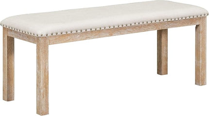 6-Piece Wood 82inch Extendable Dining Table Set with Two 11" Removable Leaves, 4 Upholstered Chairs and Bench, Farmhouse Style, Natural, 60"-82" L x 36" W x 30" H - LeafyLoom