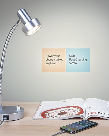 O’Bright Dimmable LED Desk Lamp with USB Charging Port (5V/2A), Full Range Dimming LED, Table Lamp with USB Charger, Flexible Gooseneck, Office Desk Lamp/Bedside Lamp, Vintage Design (Aluminum) - LeafyLoom