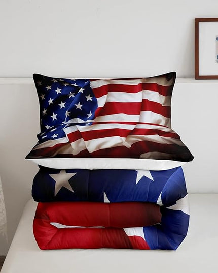 Erosebridal American Flag Comforter Set, United States Down Comforter Queen Size for Kids Boys Teens, USA Federations Stars Bedding Set Geometric Stripes Quilted Duvet for Bedroom, Blue White and Red - LeafyLoom