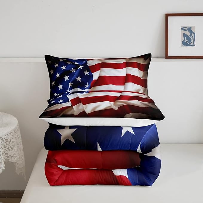 Erosebridal American Flag Comforter Set, United States Down Comforter Queen Size for Kids Boys Teens, USA Federations Stars Bedding Set Geometric Stripes Quilted Duvet for Bedroom, Blue White and Red - LeafyLoom