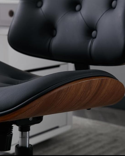 Armless Home Office Chair Modern Walnut Chair with Wheels Mid Back Swivel Computer Chair No arm Adjustable Height Leather Desk Chair for Reading,Meeting Room (Black) - LeafyLoom
