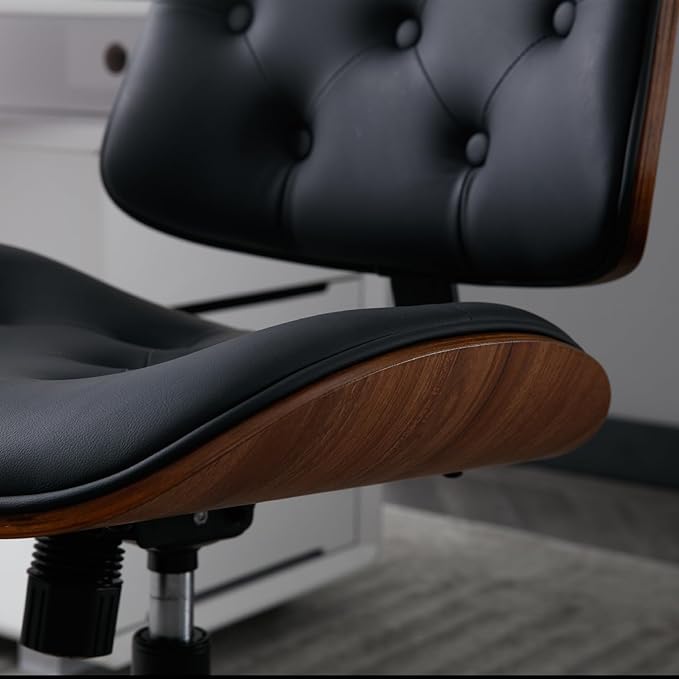 Armless Home Office Chair Modern Walnut Chair with Wheels Mid Back Swivel Computer Chair No arm Adjustable Height Leather Desk Chair for Reading,Meeting Room (Black) - LeafyLoom