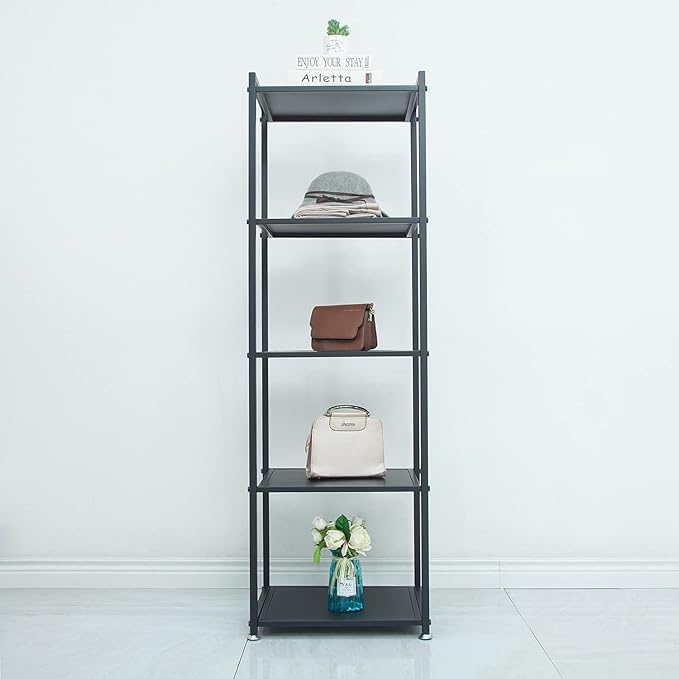 Display Shelf, 5-Tier Shelf Stand, Black Metal Thin Narrow Tall Large Corner Shelf Bookshelf Freestanding for Bedroom Shop Commercial Retail Storage(19.7x15.7x63)… - LeafyLoom