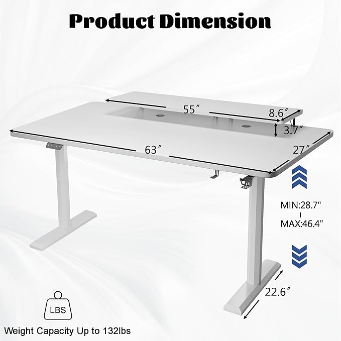 Electric Standing Desk with Monitor Shelf, 63 x 27 Inches Height Adjustable Corner Table, Computer Workstation with Cup Holder and Hook for Home Office, White, 63x27 Inch - LeafyLoom