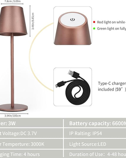 Maksone 2 pack LED Cordless Table Lamp, 6600mWh Rechargeable Battery Desk Lamp, 3000K Stepless Dimming Night Light, IP54 Waterproof Metal Outdoor Portable Lamp for Camping, Restaurant(Brown) - LeafyLoom