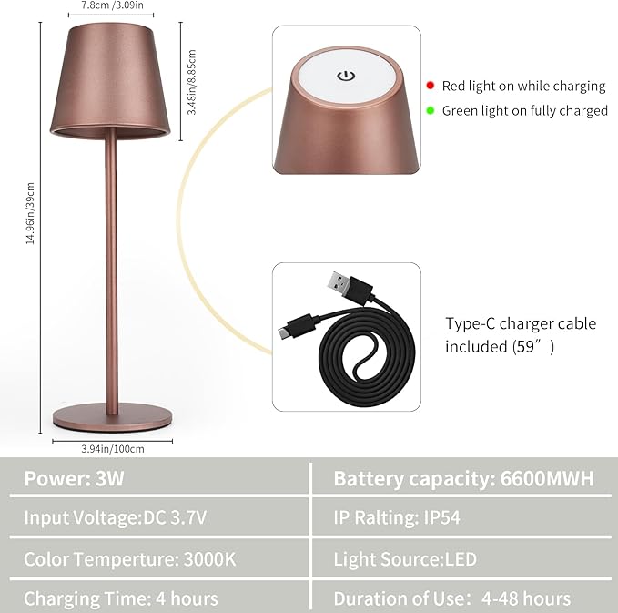 Maksone 2 pack LED Cordless Table Lamp, 6600mWh Rechargeable Battery Desk Lamp, 3000K Stepless Dimming Night Light, IP54 Waterproof Metal Outdoor Portable Lamp for Camping, Restaurant(Brown) - LeafyLoom