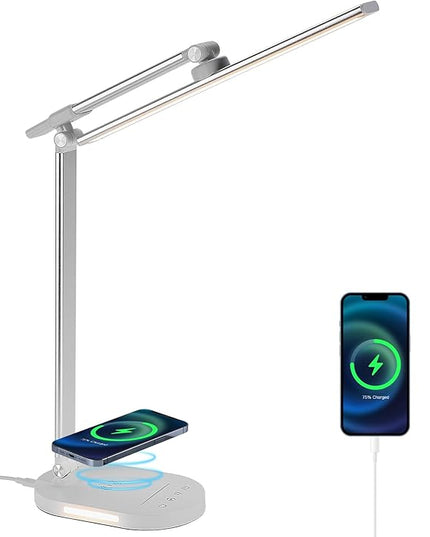 Lightess LED Desk Lamp with Wireless Charger, USB Charging Port, 5 Color Modes, 5 Brightness Level, Dimmable Desk Lamp, Office Table Lamp for Study Reading, Touch Control, Auto Timer - LeafyLoom