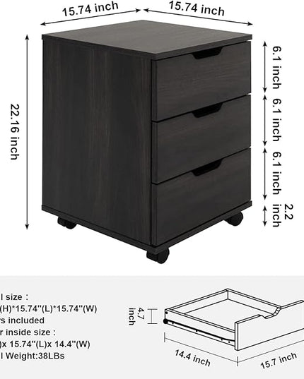 Farini 3-Drawer Vertical Filing Cabinet Rolling Wood Mobile File Cabinets Under Desk for Home Office with Casters (Dark Walnut, Non-Assembled) - LeafyLoom