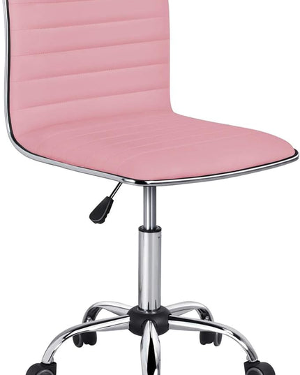 Yaheetech Pink Low Back PU Leather Ribbed Armless Office Chair, Ergonomic Swivel Task Chair with Wheels for Women - LeafyLoom