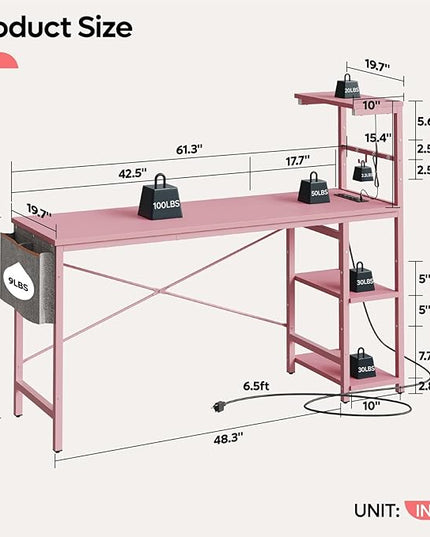Bestier Gaming Desk with Power Outlets, 61 Inch Large Led Gamer Desk with 4 Tiers Reversible Shelves, PC Gaming Table with Headset Hook & Side Storage Bag for Bedroom (Pink 3D Carbon Fiber) - LeafyLoom