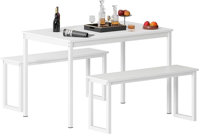 sogesfurniture Kitchen Table Set with 2 Benches, Dining Table Set for 4, 3 Piece Dining Room Set Industrial Style Furniture, Wooden Kitchen and Dining Set, Dining Table with Benches,White - LeafyLoom