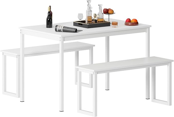 soges 3 PCS Dining Table Set for 4 with 2 Benches, Soho Dining Table and Chairs Set, Industrial Kitchen Table and Chairs Kitchen Breakfast Table Set, Dining Set with Metal Frame, White - LeafyLoom