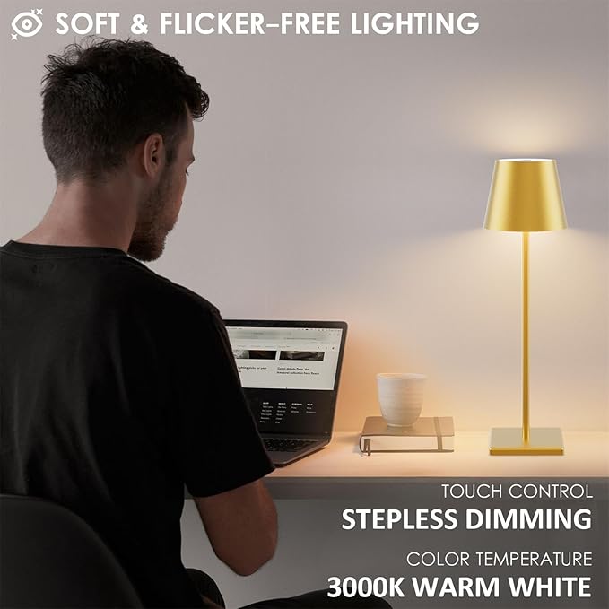 2-Pack LED Cordless Table Lamp 3W 5500mAh Rechargeable Table Lamps Battery Operated Table Light Stepless Dimmable Portable Table Lamp for Restaurant/Table/Bedroom/Outdoor (Gold) - LeafyLoom