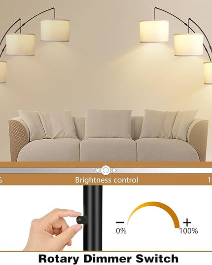Dimmable Arc Floor Lamps for Living Room Modern 3 Lights Floor Lamp, Mid Century Tall Standing Reading Lamp 360° Adjustable Hanging Beige Shades for Bedroom Office Include Bulbs - LeafyLoom