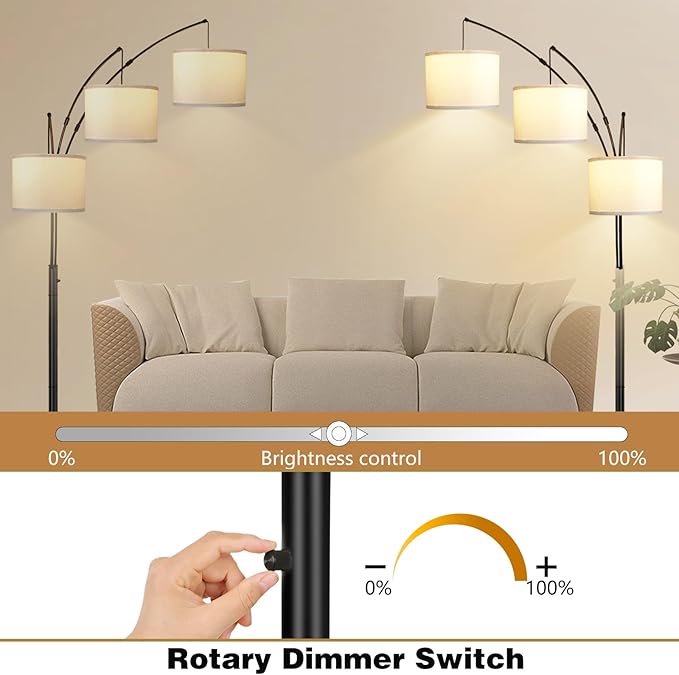 Dimmable Arc Floor Lamps for Living Room Modern 3 Lights Floor Lamp, Mid Century Tall Standing Reading Lamp 360° Adjustable Hanging Beige Shades for Bedroom Office Include Bulbs - LeafyLoom