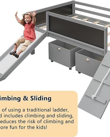 Twin Size Low Loft Bed with Slide and 2 Storage Boxes,Kids Low Loft Bed Frame with Climbing and Chalkboard,Solid Loft Bed Twin for Boys,Girls,Gray - LeafyLoom