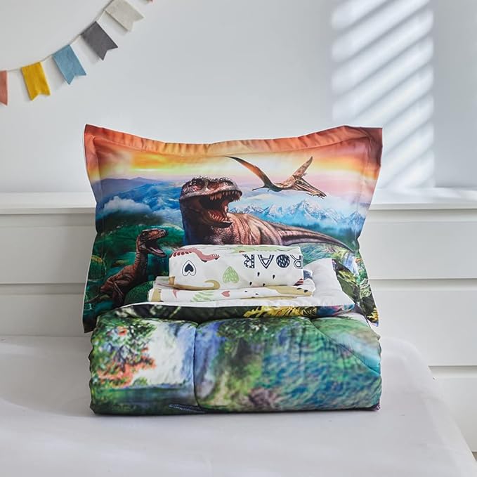 ADASMILE A & S Dinosaur Comforter Set Twin for Boys Dinosaur Twin Bedding Set for Kids 6 Pieces Dinosaur Comforter Set with Sheets Bed in A Bag T-Rex Dinosaur Comforter and Sheets Set for Home Decor - LeafyLoom