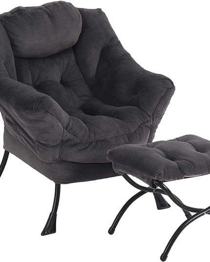 Oversized Chair with Ottoman, Modern Reading Chair, Lounge Accent Chair with Armrests and a Side Pocket for Small Space, Bedroom, Study, Living Room (Plush Dark Grey) - LeafyLoom