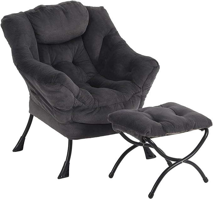 Oversized Chair with Ottoman, Modern Reading Chair, Lounge Accent Chair with Armrests and a Side Pocket for Small Space, Bedroom, Study, Living Room (Plush Dark Grey) - LeafyLoom