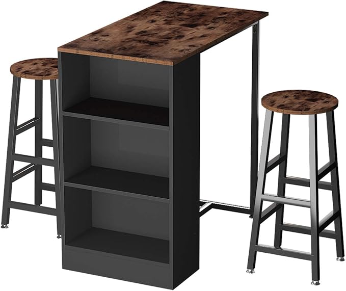 sogesfurniture 3-Piece Bar Table Set, 35.8inches Dining Room Set Dining Table with 2 Stool, Dining Table with 3 Open Storage Shelves for Dining Room, Living Room, Brown - LeafyLoom