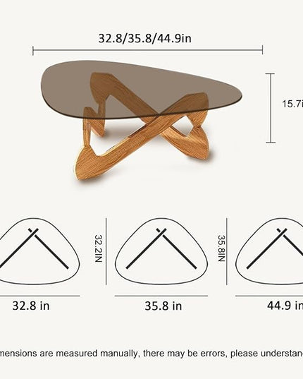 Triangle Coffee Table Glass Coffee Table for Living Room Clear Glass Coffee Table with Solid Wood Base Mid Century Modern Coffee Table for Small Spaces (Wood-Brown, 44.9in) - LeafyLoom