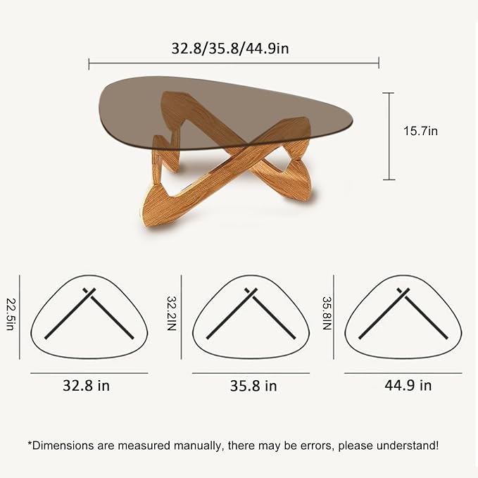 Triangle Coffee Table Glass Coffee Table for Living Room Clear Glass Coffee Table with Solid Wood Base Mid Century Modern Coffee Table for Small Spaces (Wood-Brown, 35.8in) - LeafyLoom