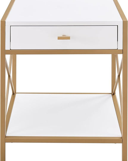 Leick Home 9206-WTGL Claudette One Drawer Mixed Metal and Wood Side Table with Shelf, White/gold - LeafyLoom