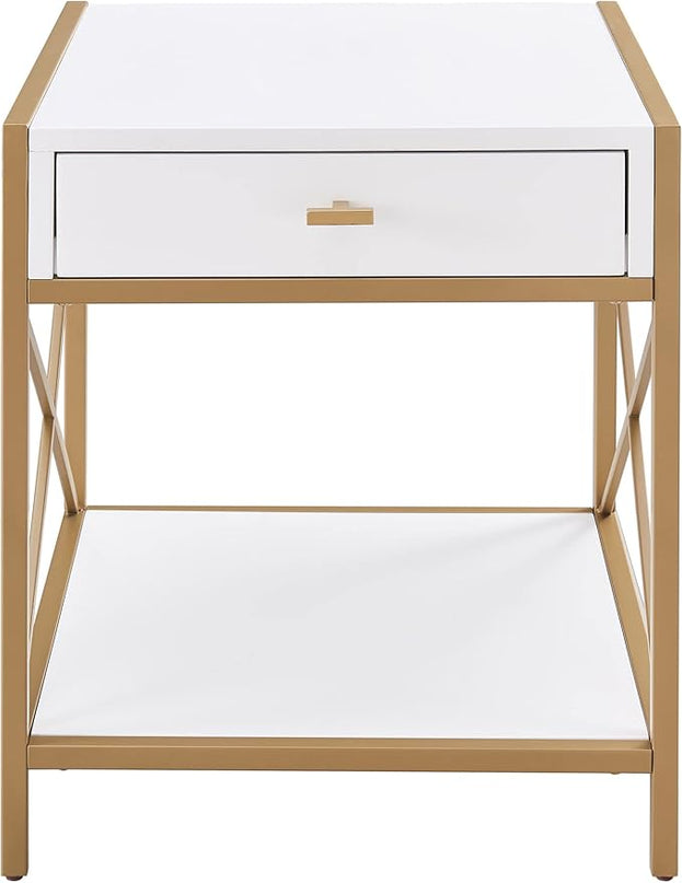 Leick Home 9206-WTGL Claudette One Drawer Mixed Metal and Wood Side Table with Shelf, White/gold - LeafyLoom