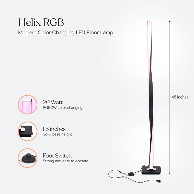 Brightech Helix Modern Color Changing LED Floor Lamp - 48” Tall Lamp with RGB Color Gradient and Contemporary Twisting Column Pole - Corner or End Table Standing Lamp - Built-in NO APP - Black - LeafyLoom