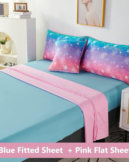 PERFEMET Pink Purple Mermaid Comforter Queen Size 6 Pieces Girls Bedding Set Colorful Rainbow Ombre Bed in A Bag Mermaid Scale Print Queen Comforter Set with Sheets - LeafyLoom