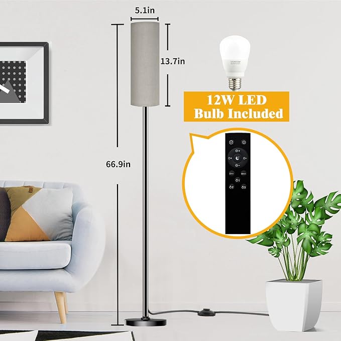 Floor Lamp for Living Room Bedroom, Modern Floor Lamp with Remote,Stepless Dimmable 12W Bulb Included,Standing Lamps LED Tall Lamp for Bedroom Office(Grey) - LeafyLoom