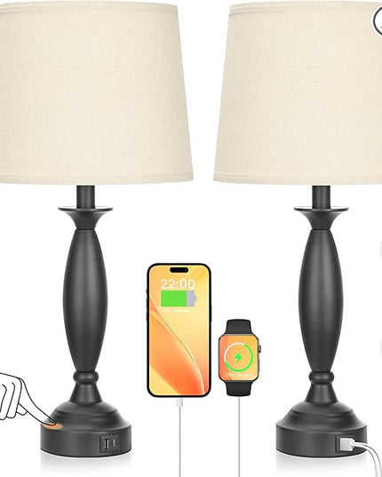 Beige Lamps for Bedrooms Set of 2 - Touch Control Bedside Lamp with USB C+A, 3 Way Dimmable Nightstand Lamps with USB Port, Table Lamp for Living Room(Beige Shade and Black Base) - LeafyLoom