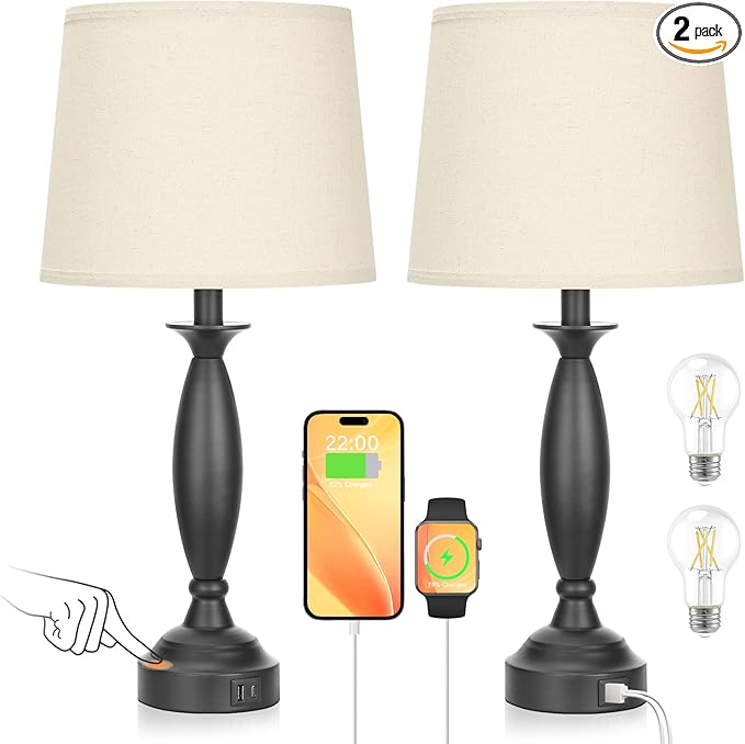 Beige Lamps for Bedrooms Set of 2 - Touch Control Bedside Lamp with USB C+A, 3 Way Dimmable Nightstand Lamps with USB Port, Table Lamp for Living Room(Beige Shade and Black Base) - LeafyLoom