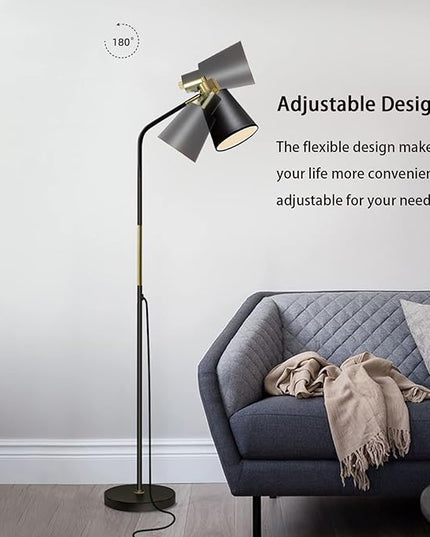 Floor Lamp, Industrial Floor Lamps for Living Rooms Rustic Farmhouse Reading Standing Floor Lamp Adjustable Metal Heads Indoor Task Lighting for Living Room Bedroom Office Home Décor (Black) - LeafyLoom