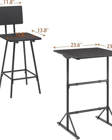 VECELO 3-Piece Bar Table Chairs, Square Counter Height Bistro Dinette Sets with 2 Barstools for Kitchen, Breakfast Nook, Small Spaces, Black - LeafyLoom