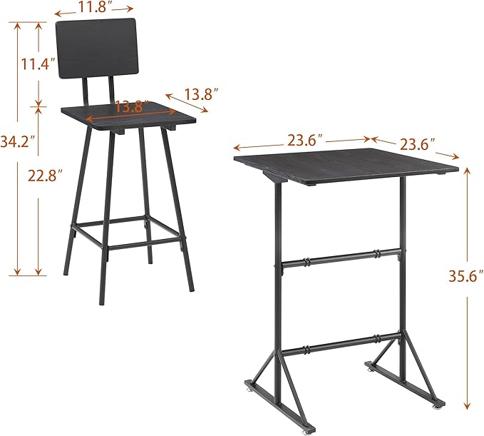 VECELO 3-Piece Bar Table Chairs, Square Counter Height Bistro Dinette Sets with 2 Barstools for Kitchen, Breakfast Nook, Small Spaces, Black - LeafyLoom