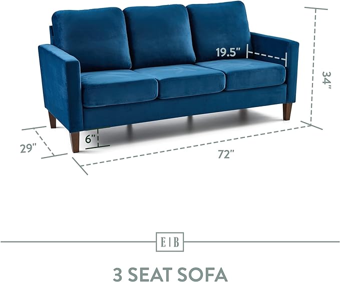 Edenbrook Archer Upholstered Couch – Couches for Living Room – Blue Velvet Couch - Living Room Furniture - Small Couch - Seats Three - Straight Arm Modern Couch - LeafyLoom