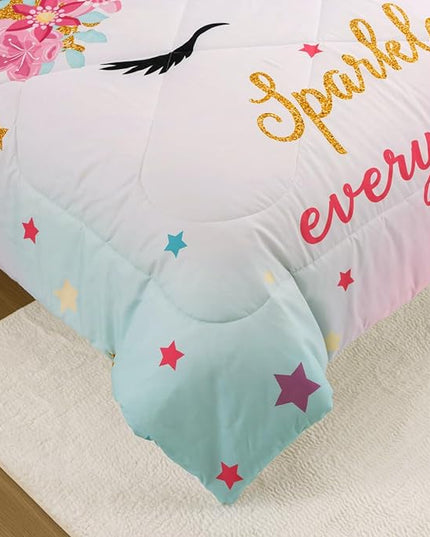 NTBED Unicorn Twin Comforter Set with Sheets,5 Pieces Kids Bedding Sets for Girls, Lightweight Microfiber Star Rainbow Bed in a Bag - LeafyLoom